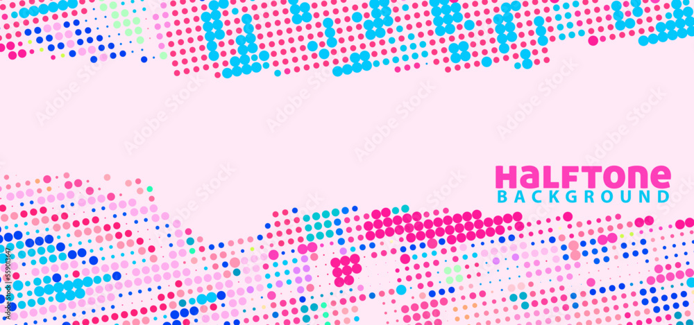 Poster Halftone pattern with multicolor points on light pink background