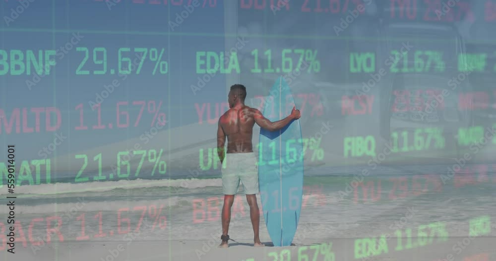 Poster animation of financial data processing over man with surfboard on beach
