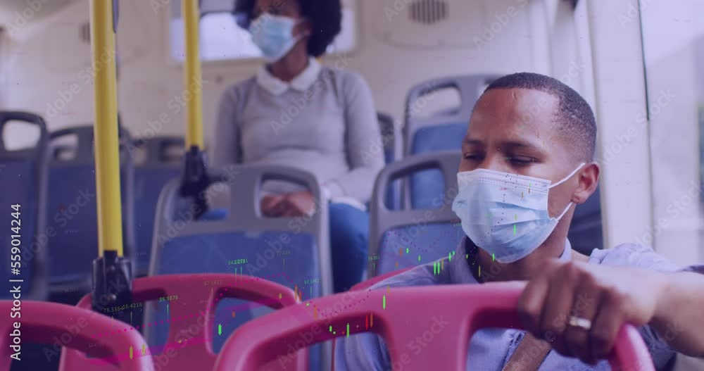 Poster animation of financial data processing and man and woman in face masks on bus