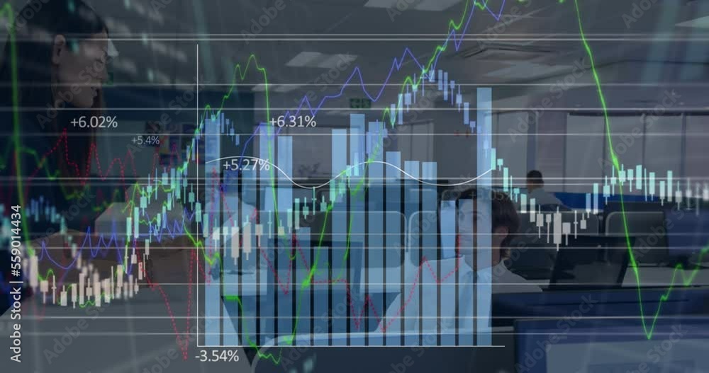 Aufkleber animation of multiple graphs and increasing numbers over diverse coworkers discussing reports