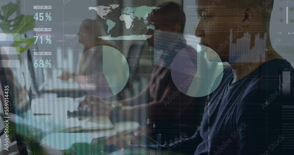 Poster animation of infographic interface over multiracial coworkers working on desktops at office