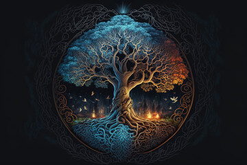 Ying yang concept of balance Yggdrasil tree of life norse mythology. Balance concept. Generative ai - obrazy, fototapety, plakaty