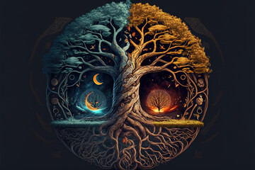 Ying yang concept of balance Yggdrasil tree of life norse mythology. Balance concept. Generative ai - obrazy, fototapety, plakaty