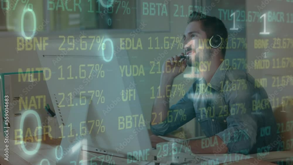 Poster animation of financial data processing and binary coding over businessman using phone headset