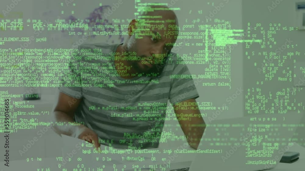 Poster animation of data processing over man using laptop and smartphone