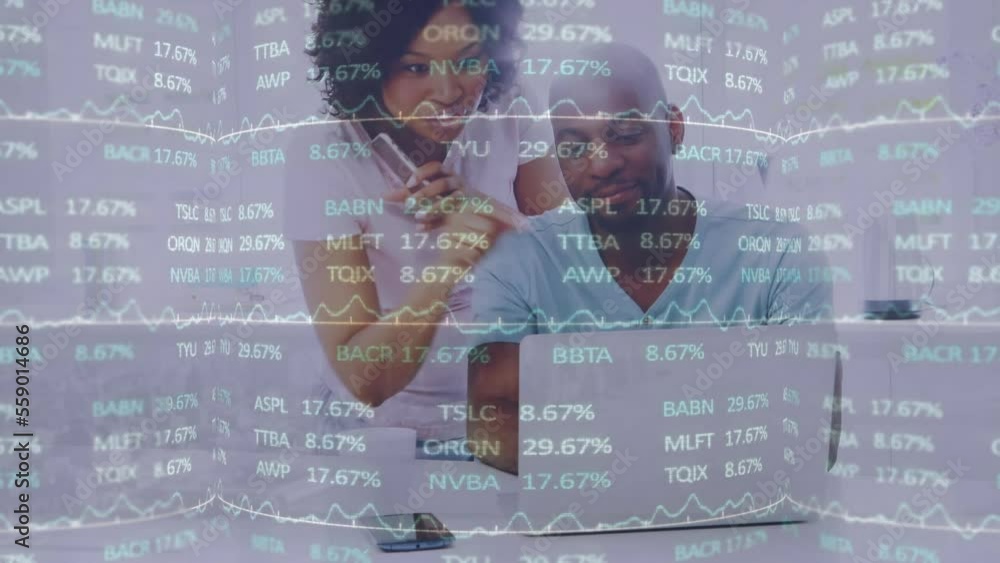 Poster animation of data processing over man and woman using laptop and smartphone
