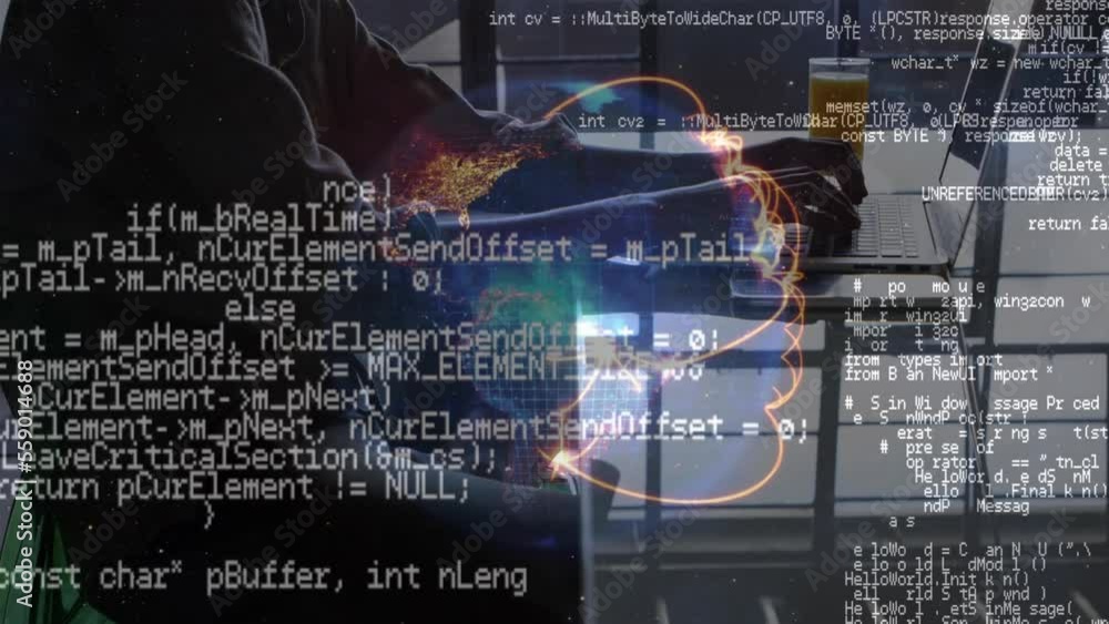 Poster animation of data processing and globe over man using laptop