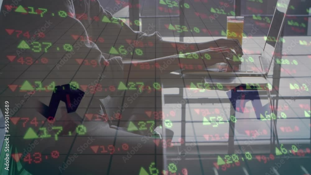 Poster animation of data processing and arrows over man using laptop