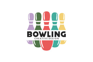 Bowling logo design with colorful bowling pins concept - obrazy, fototapety, plakaty