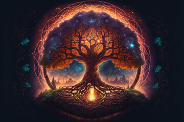 Tree of life Yggdrasil norse mythology, center of universe. Magical divine tree of immortality in a fabulous heavenly forest. Sacred source of the planet life. 3d illustration. Generative ai - obrazy, fototapety, plakaty