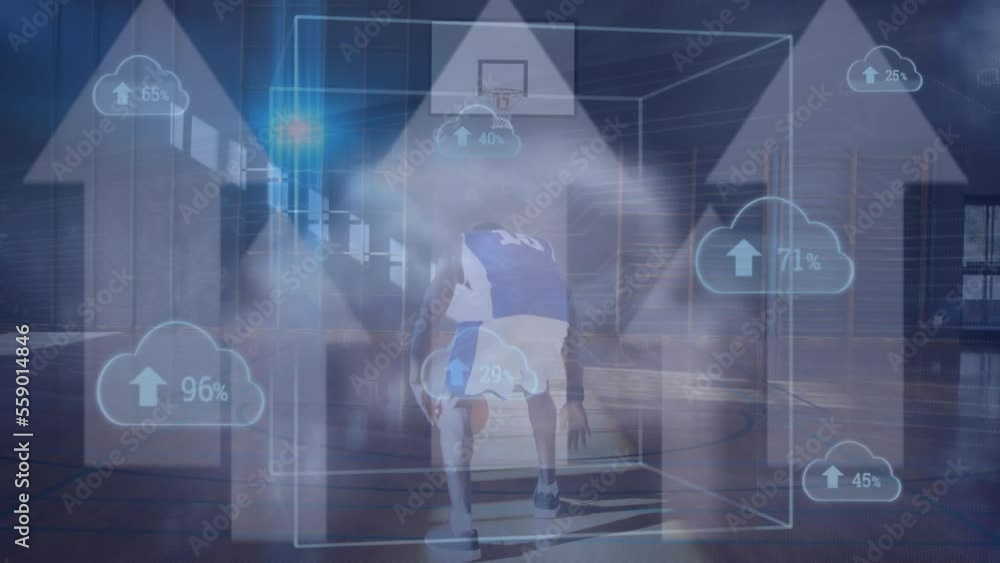 Poster Animation of clouds, arrows, statistics and data processing over basketball player