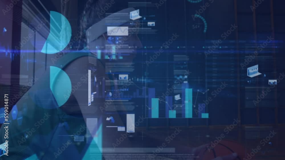 Poster animation of statistics and data processing over basketball player