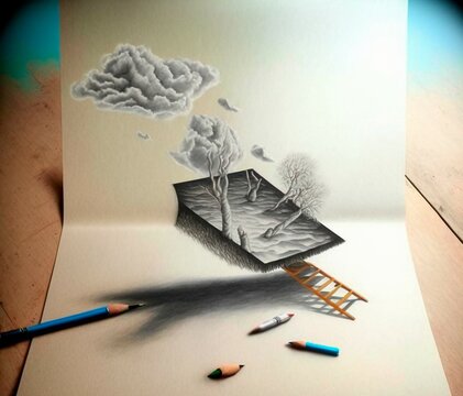 beautiful 3d sketch with colored elements. The drawing goes off the paper. High quality illustration