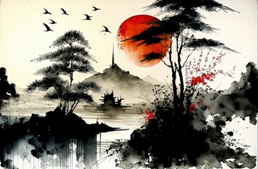  Sumi-e style illustration of Japanese nature landscape