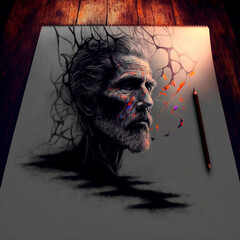 Man. beautiful 3d sketch with colored elements. The drawing goes off the paper. High quality illustration