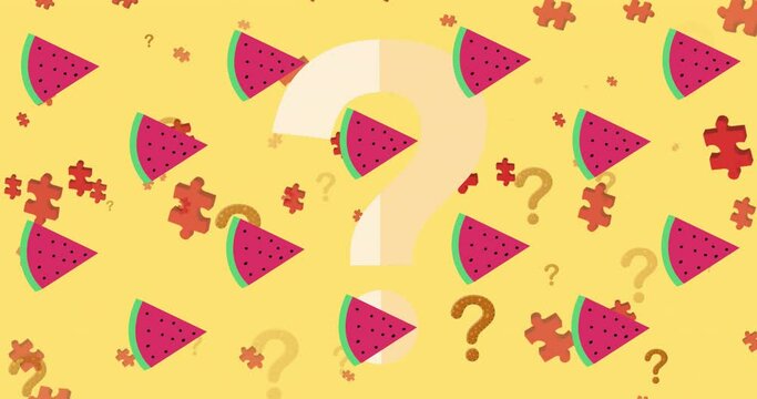 Animation of question marks over puzzle and watermelon icons