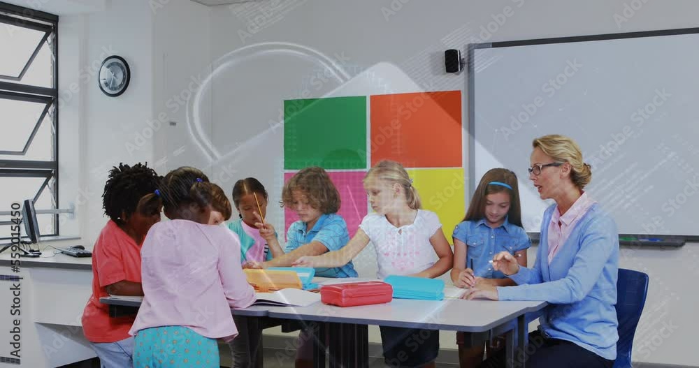 Canvas Prints Animation of data processing and padlock over caucasian female teacher with diverse schoolchildren