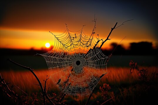 illustration of beautiful spider web against sunset or sunlight in nature landscape