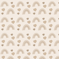 seamless pattern of brown rainbow and hearts on beige background
