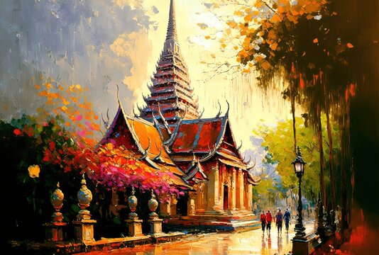 oil painting style illustration of Thailand  Bangkok historic site with nature landscape