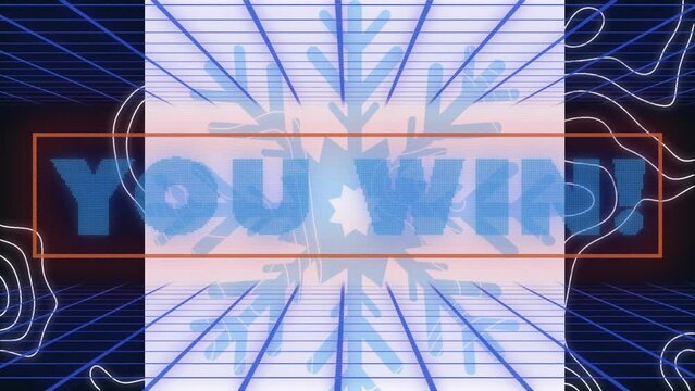 Animation of you win text over shapes and snowflake
