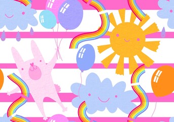 Festive animals seamless rabbit bunnies and sun and clouds and balloons pattern for wrapping paper and kids