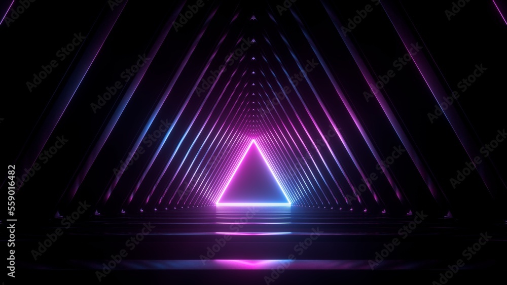Poster 3d render, abstract background with neon triangle at the end of the virtual geometric tunnel