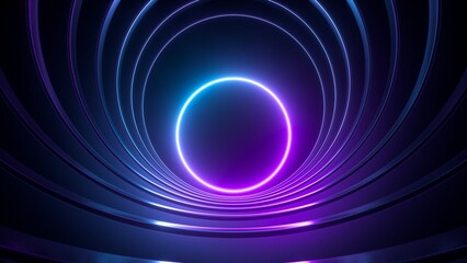 3d render, abstract geometric background with glowing neon round shape. Violet laser ring inside the dark tunnel. Futuristic wallpaper