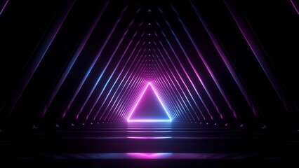 Fototapeta premium 3d render, abstract background with neon triangle at the end of the virtual geometric tunnel