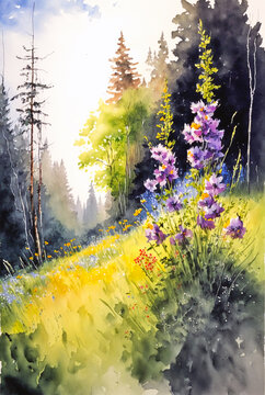 Hillside Scenery With Flowers And Trees, Summer Landscape, Digital Watercolor Painting