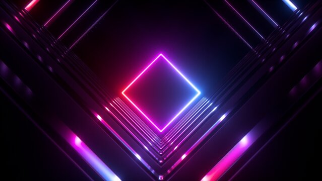 3d render, abstract geometric neon background with glowing square frame. Laser rhombus shape inside the dark tunnel