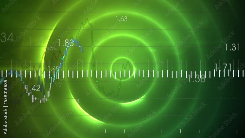 Poster animation of multiple graphs and numbers over illuminated green circular pattern