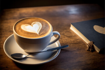 White cup of coffee, latte art heart, on a wooden table.