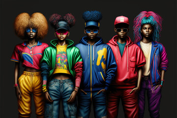 Group of cool 80's young black people, colorful hip hop clothes and hairstyle, on black background. Generative AI. - obrazy, fototapety, plakaty