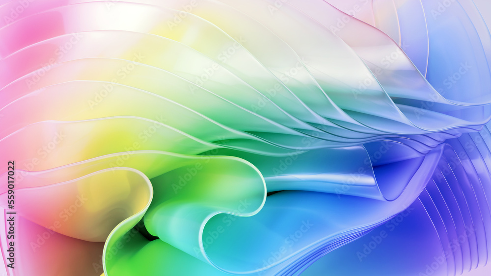 Wall mural 3d render, abstract colorful background with curvy translucent film ruffles, layers and folds. fashi