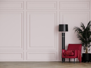 Viva magenta 2023 accent room. Luxury interior design with bright rich furniture chair. Classic white wall mockup.  Crimson tone deep armchair. Minimal interior design living lounge. 3d render