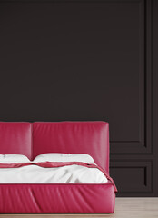 Viva magenta 2023 interior color- premium rich bedroom. Mockup wall dark black and crimson red burgundy colour furniture and leather. Modern room design interior home. Accent premium style. 3d render 