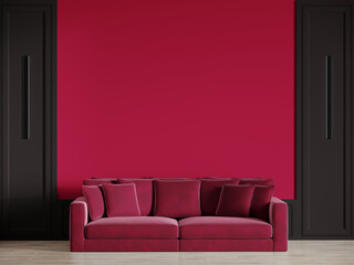Luxury livingroom in dark color. Black walls, lounge furniture - viva magenta 2023 color couch and pillows. Empty space for art or decor. Rich interior design. Mockup lounge or reception. 3d render