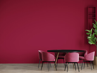 Rich viva magenta 2023 color diningroom. Black round table and crimson pink chairs. Empty burgundy carmine wall blank for art, frame or decor. Modern interior with accents and paint trend. 3d render