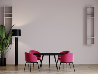 Viva magenta 2023 color accent dining room. Light gray wall, black table and colorful carmine red crimson chairs. Luxury kitchen or rich design cafe. Modern interior with accents and shelf. 3d render 