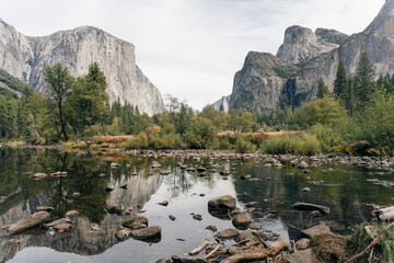 Scenic panoramic view of famous Yosemite Valley with El Capitan rock
