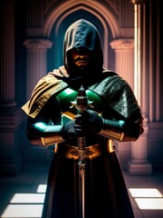 Naklejka premium Dangerous sneaky shady Assassin character. Generative AI