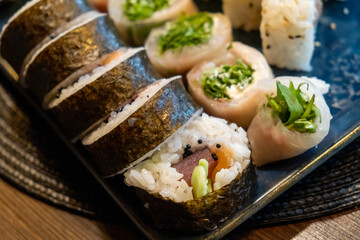 A set of rolls in a Japanese restaurant