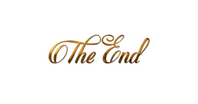The end animation. Animated Golden text is handwritten in modern calligraphy with ink drops. Animated is suitable for tv shows, posters, cinema, movies, videos, and banners. White screen alpha channel