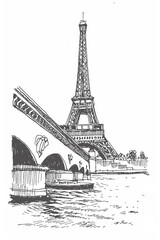 Sketch illustration of Eiffel Tower and the river Seine, Paris, France, Europe. Freehand drawing. Sketchy lineart drawing with a pen on paper. Sketch in black color isolated on white background.