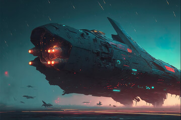 Futuristic military warhead Sci-Fi spaceship from the future orbiting space. Scifi concept art illustration. Alien invasion. Generative ai