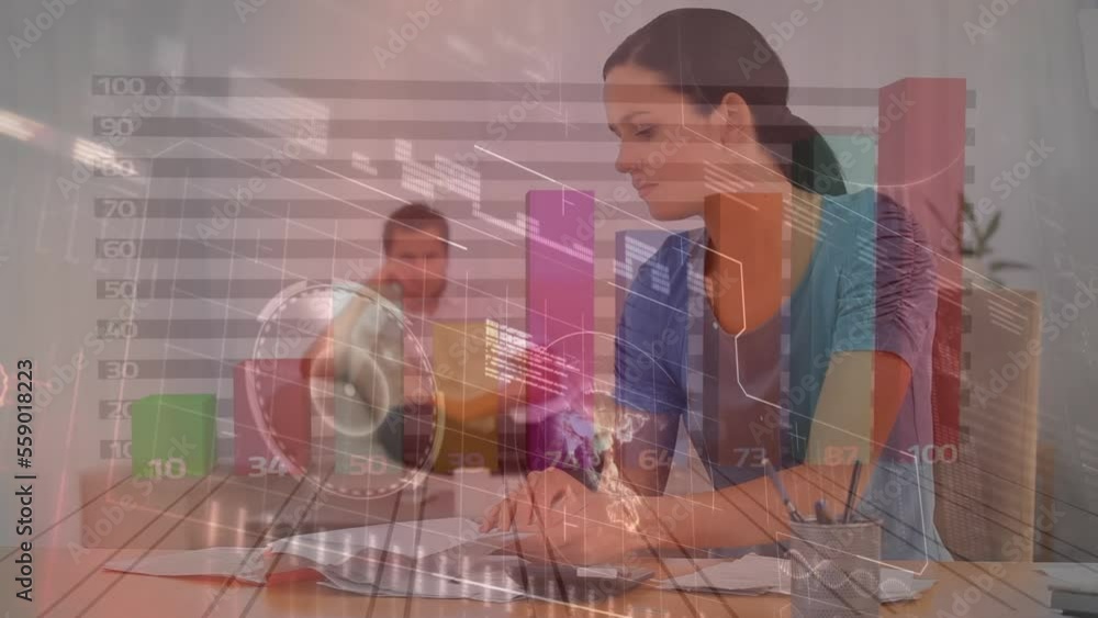 Poster animation of data processing over caucasian couple with documents