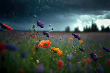 Obraz na płótnie Canvas close-up of beautiful field of flowers in the rain