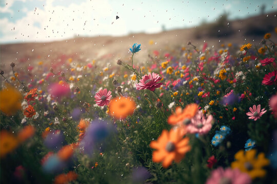 close-up of a beautiful field of flowers with flying pollen