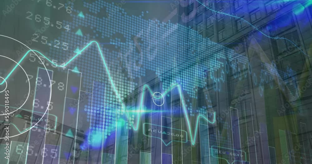 Poster animation of graphs, numbers, lens flares and map over low angle view of building